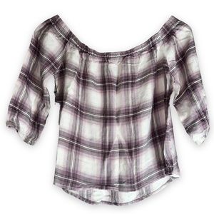 NEW Garage Lilac Off the Shoulder Plaid Rayon Tunic Top / Shirt Womenโs Size XS